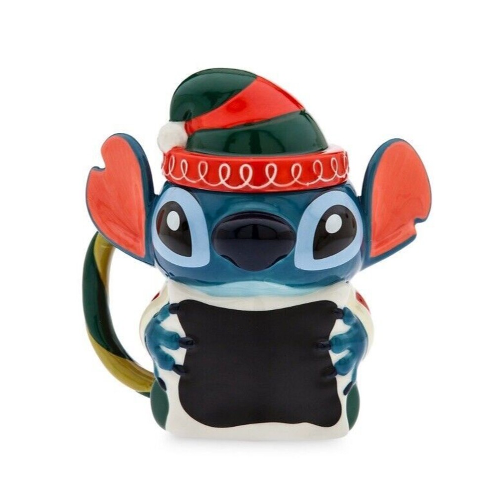 Disney Stitch Elf 2024 Holiday Christmas Stoneware Mug with Lid Chalkboard New